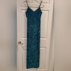Laurence Kazar Vintage Silk and Beaded Green Mermaid Dress Size S